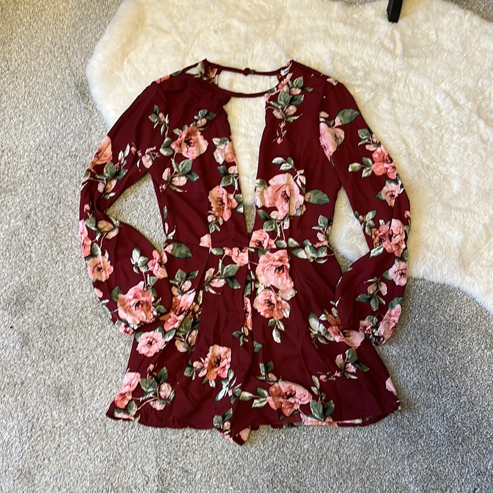Burgundy Floral Printed Romper Size Small
